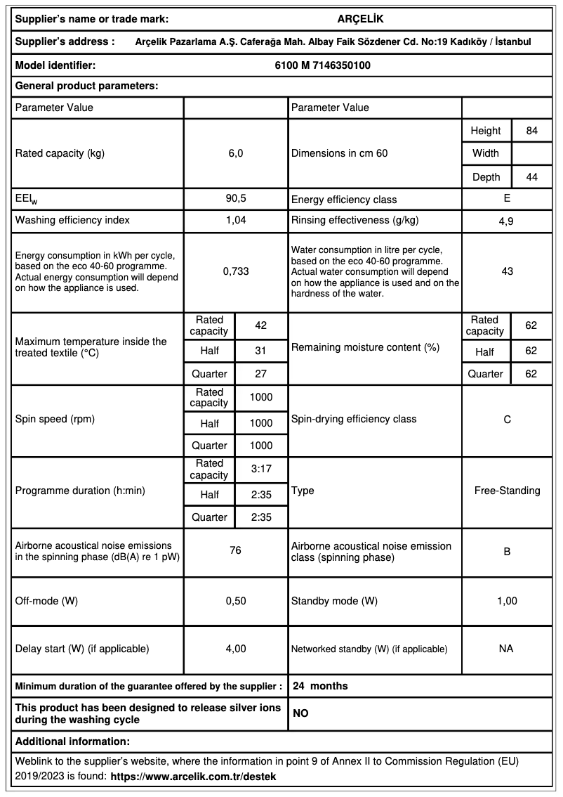 Page 1 of the manual Technical Sheet Arçelik 6100 M