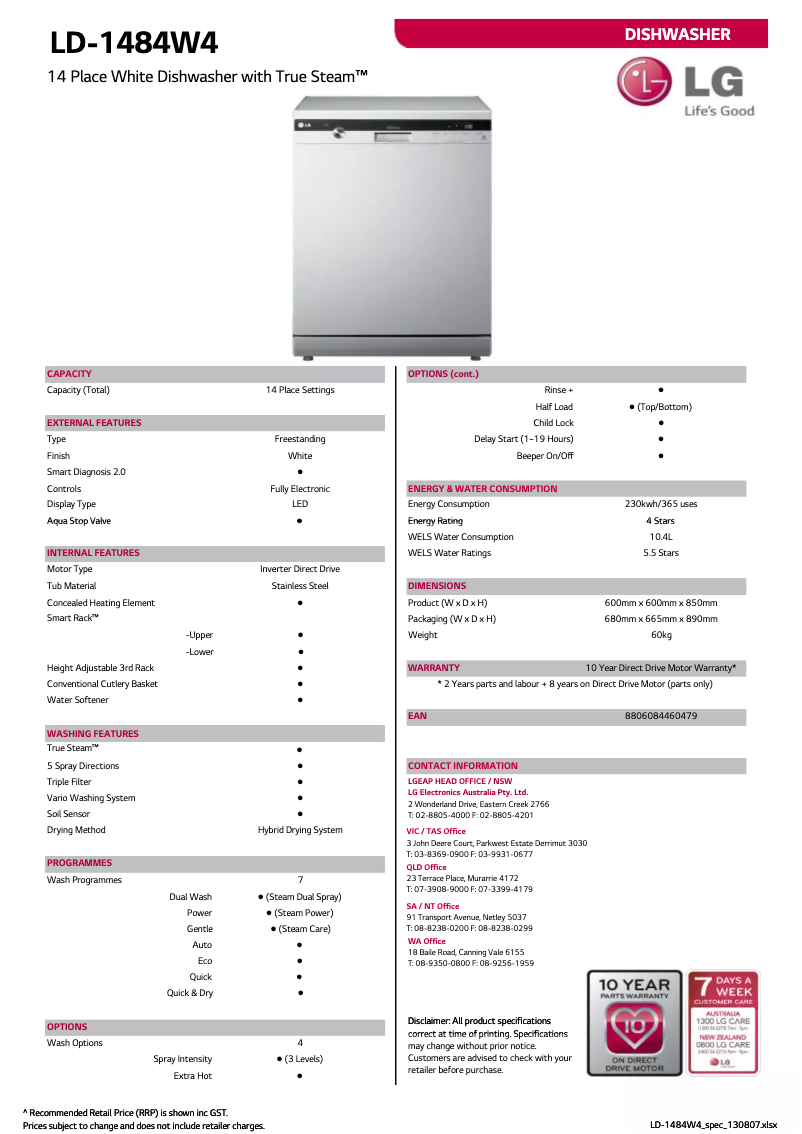 Page 1 of the manual Technical Sheet LG LD-1484W4