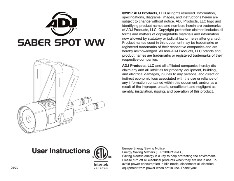 First page image of the manual for Saber Spot WW