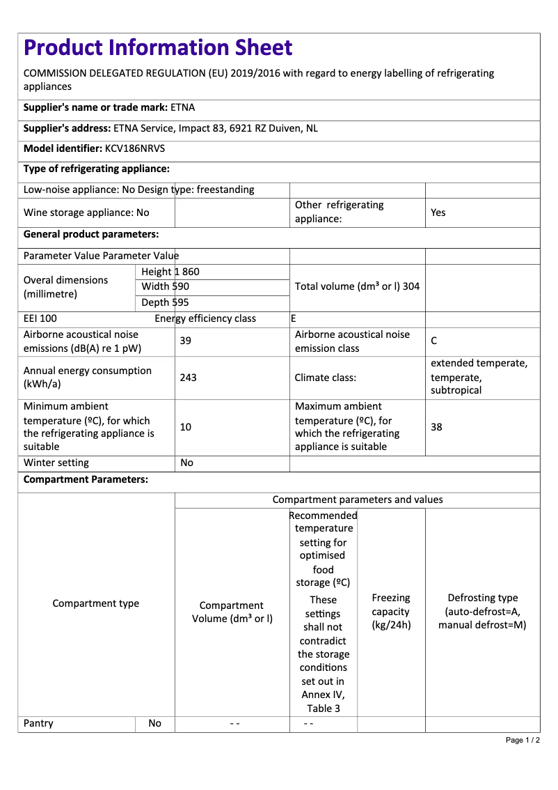 Page 1 of the manual Technical Sheet Etna KCV186NRVS