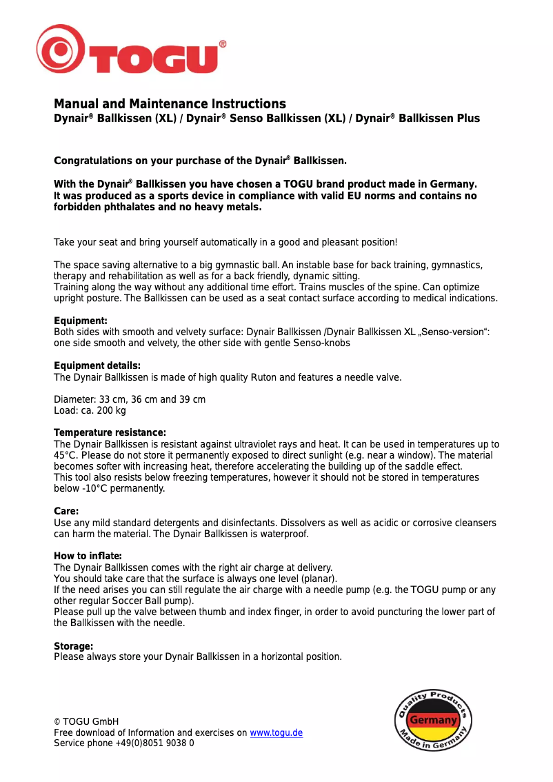 Page 1 de la notice Manuel utilisateur TOGU Dynair