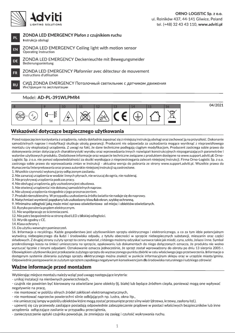 First page image of the manual for AD-PL-391WLPMR4