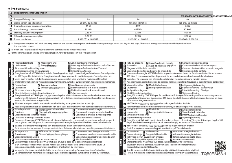 Page 1 of the manual Technical Sheet Panasonic Viera TX-39AS500Y