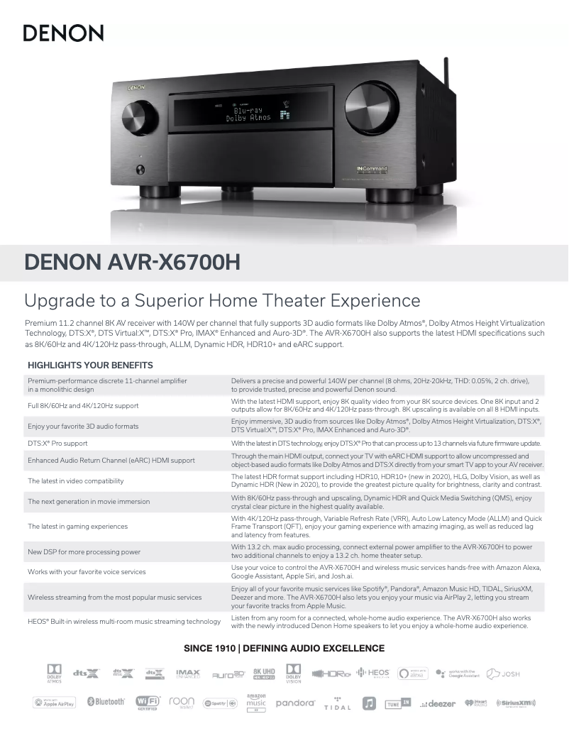 Page 1 de la notice Fiche technique Denon AVR-X6700H