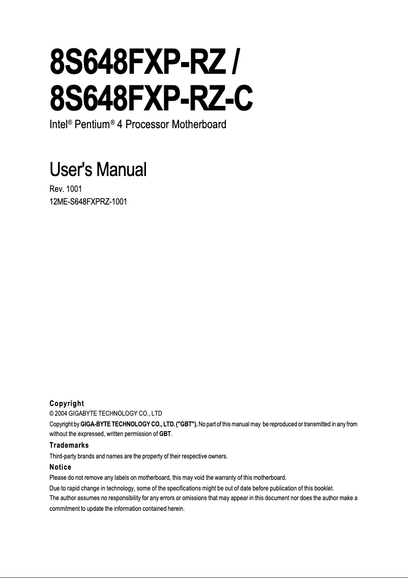 First page image of the manual for 8S648FXP-RZC