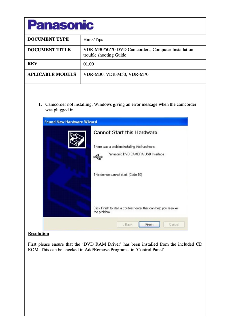 Page 1 of the manual User Manual Panasonic VDR-M50EB