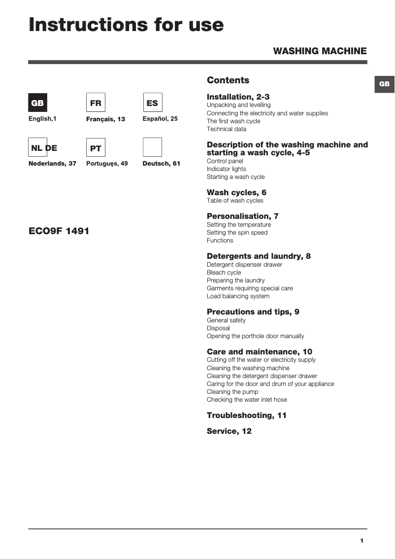 Page 1 of the manual User Manual Hotpoint Ariston ECO9F 1491 (EU) /S