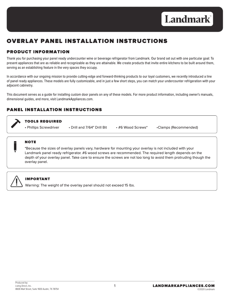 Page 1 of the manual Installation Guide Landmark L3024UI2WPR-LH