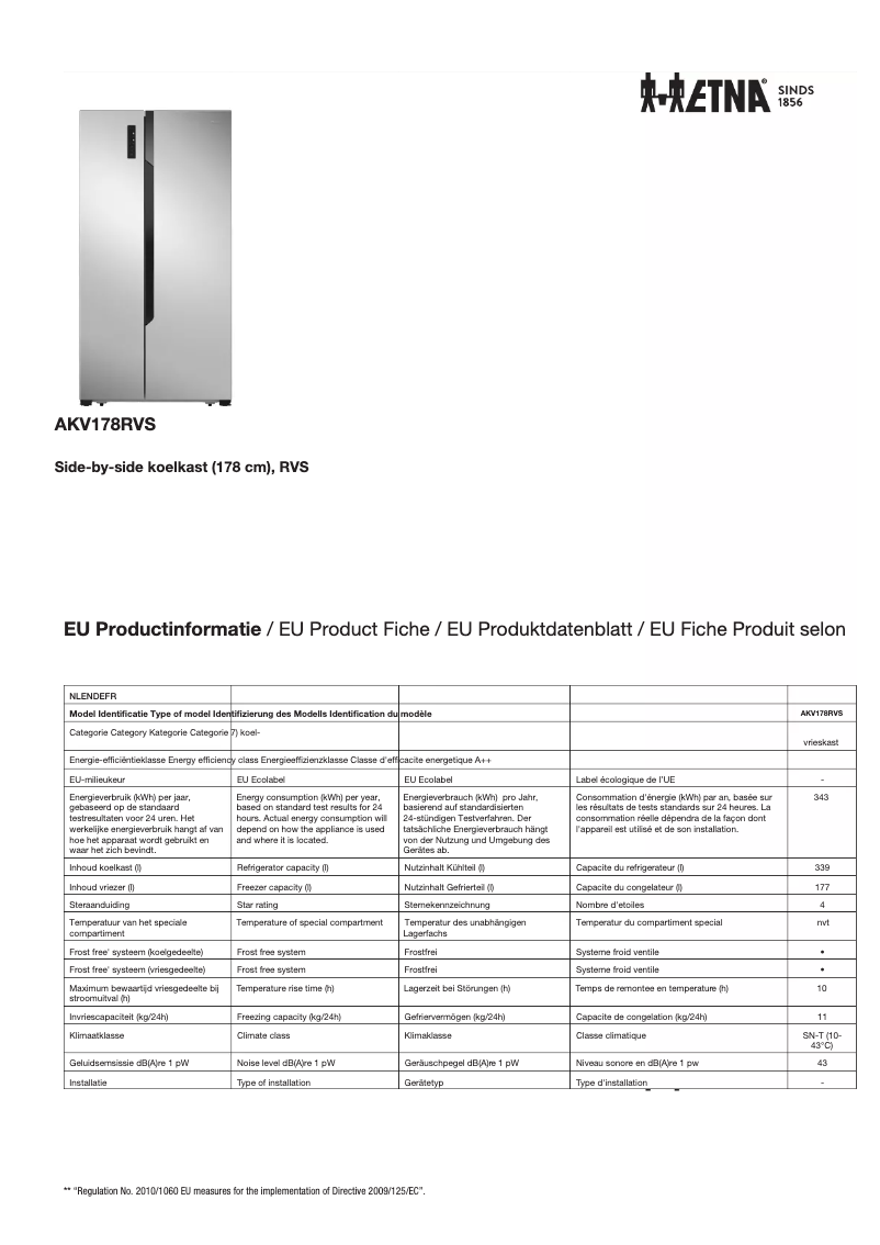 Page 1 of the manual Technical Sheet Etna AKV178RVS