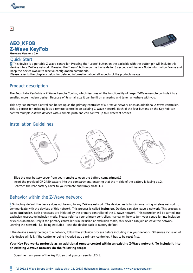 First page image of the manual for KeyFob