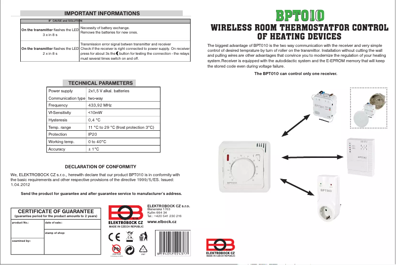 First page image of the manual for BT010