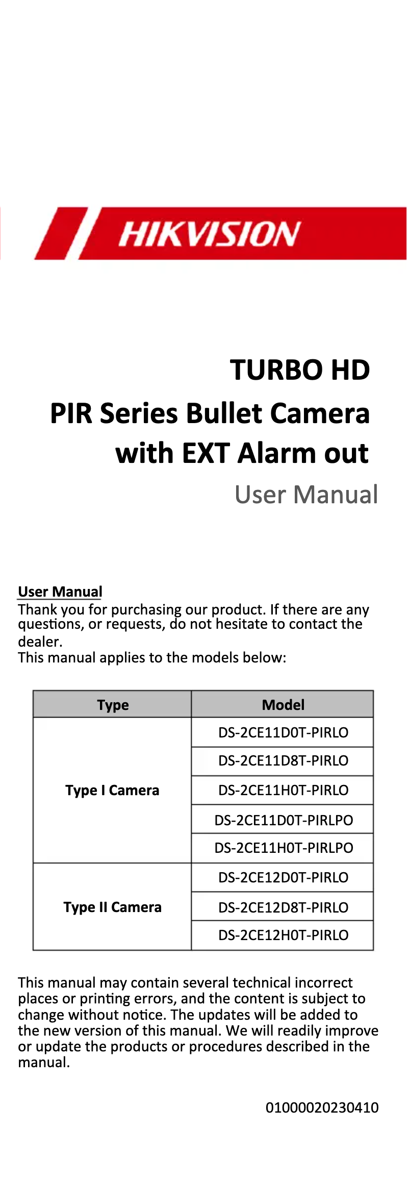 First page image of the manual for DS-2CE11D0T-PIRLO