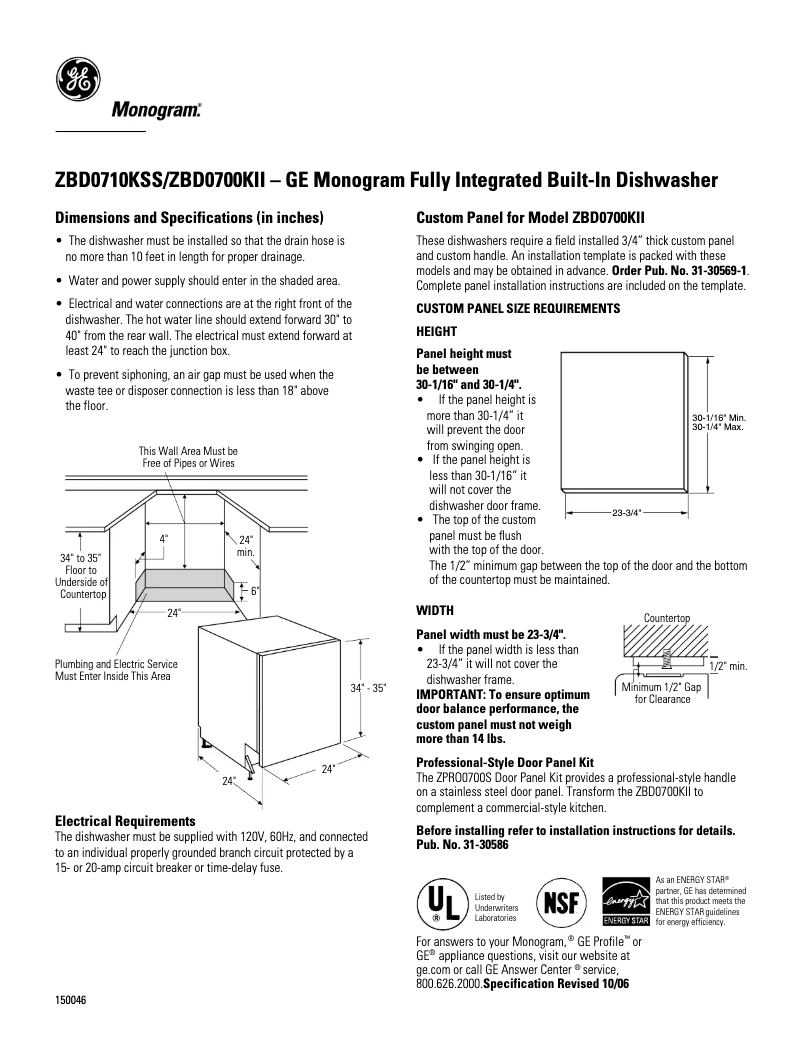 Page 1 of the manual Technical Sheet GE ZBD0710KSS