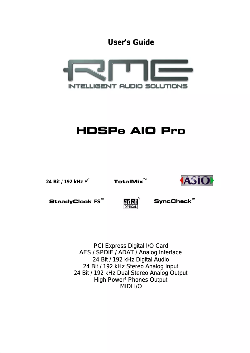 First page image of the manual for HDSPe AIO Pro