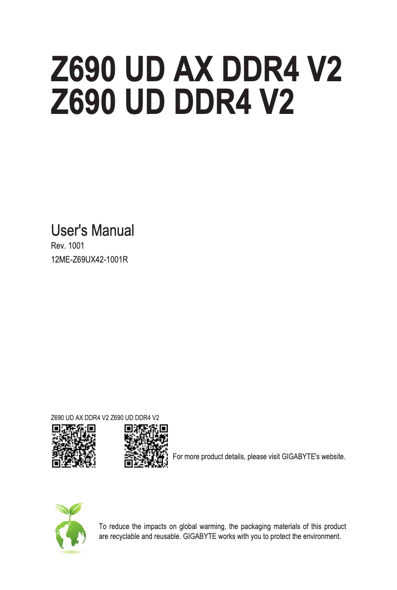 First page image of the manual for Z690 UD DDR4 V2