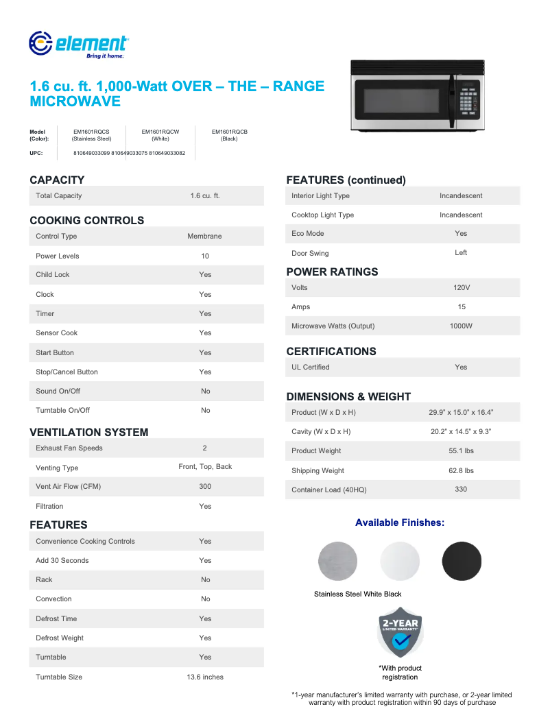 Page 1 of the manual Technical Sheet Element EM1601RQCW