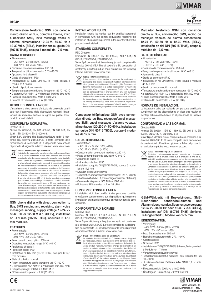 Page 1 of the manual Instructions / Assembly Vimar R01942