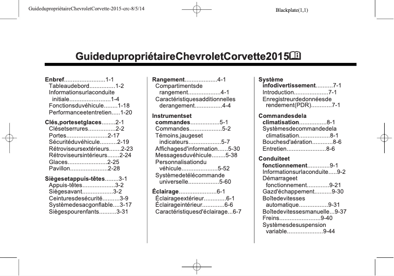 Page 1 of the manual User Manual Chevrolet Corvette (2015)
