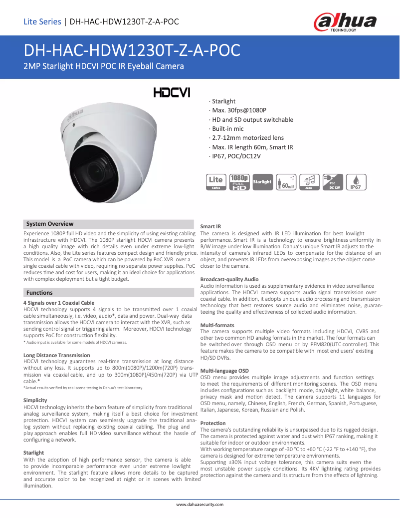 Page 1 of the manual Technical Sheet Dahua Technology HAC-HDW1230T-Z-A-POC