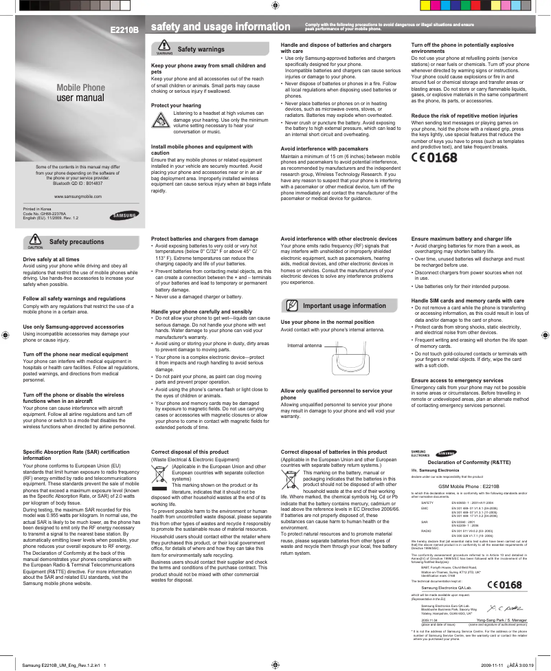 Page 1 of the manual User Manual Samsung E2210B