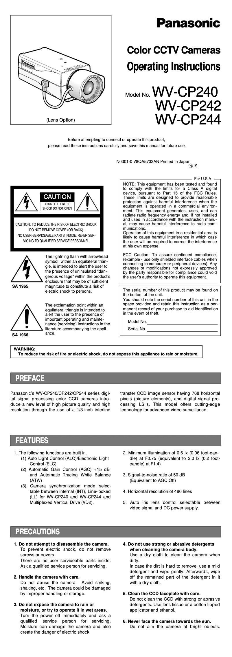 First page image of the manual for WV-CP244