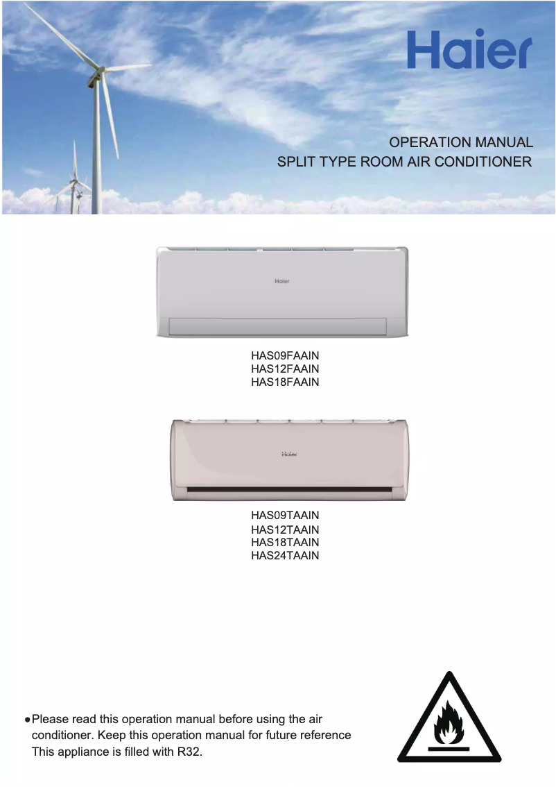 First page image of the manual for HAS18FAAIN