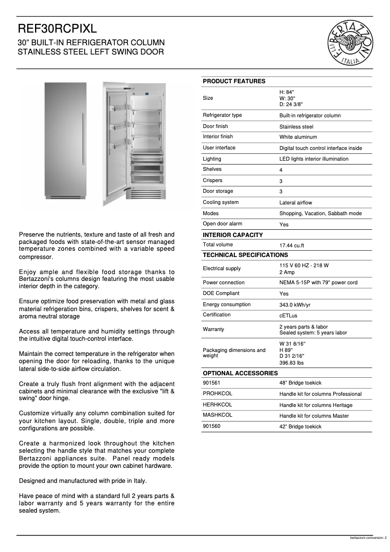 Page 1 of the manual Technical Sheet Bertazzoni REF30RCPIXL