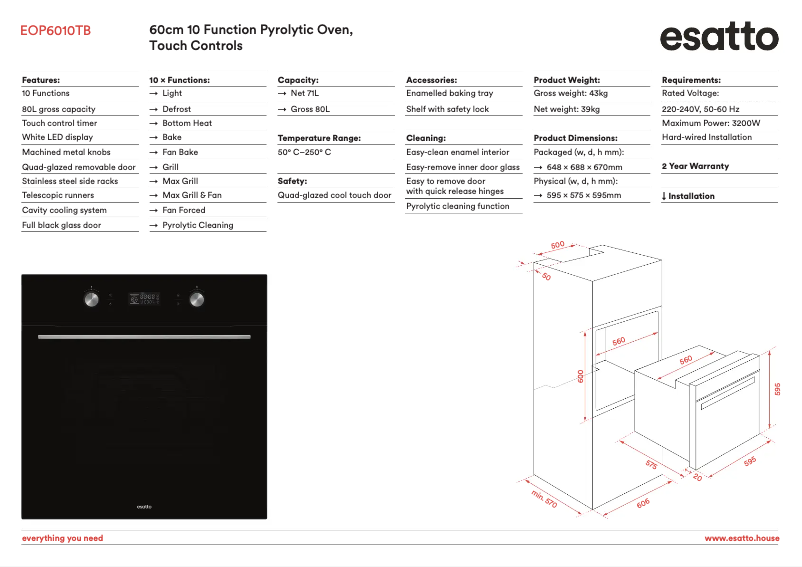 Page 1 of the manual Technical Sheet Esatto EOP6010TB