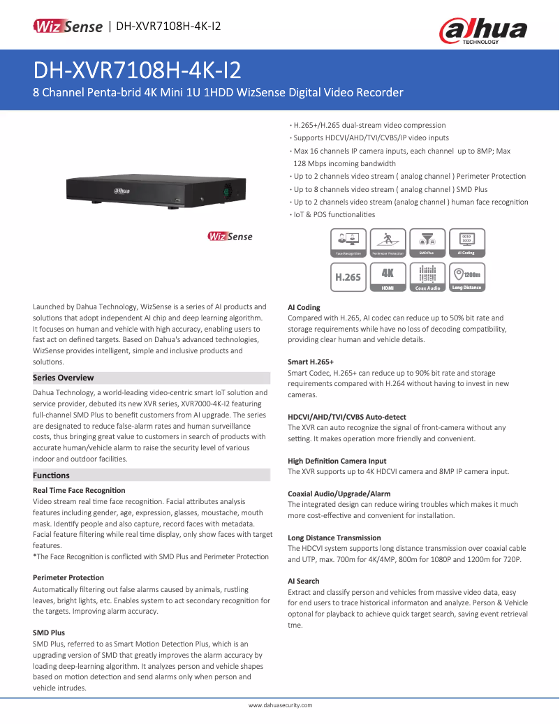 Page 1 of the manual Technical Sheet Dahua Technology XVR7108H-4K-I2