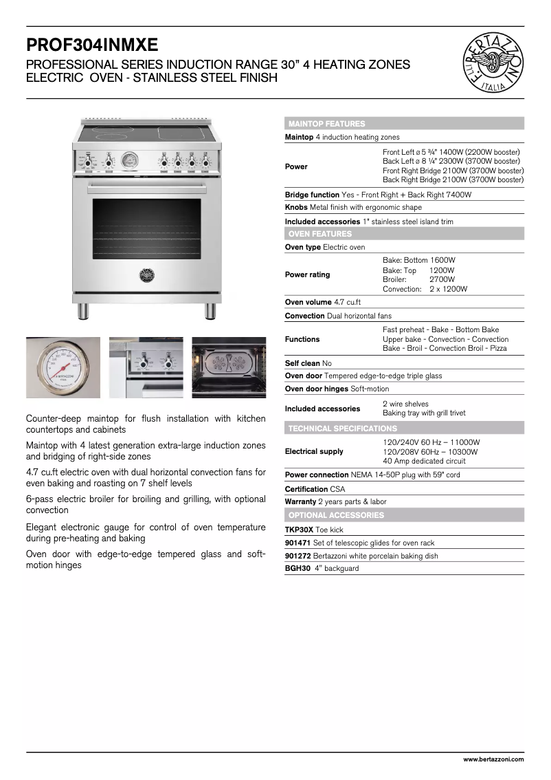 Page 1 of the manual Technical Sheet Bertazzoni Professional PROF304INMXE