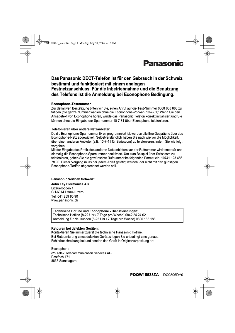 Page 1 of the manual User Manual Panasonic KX-TG1100SLE