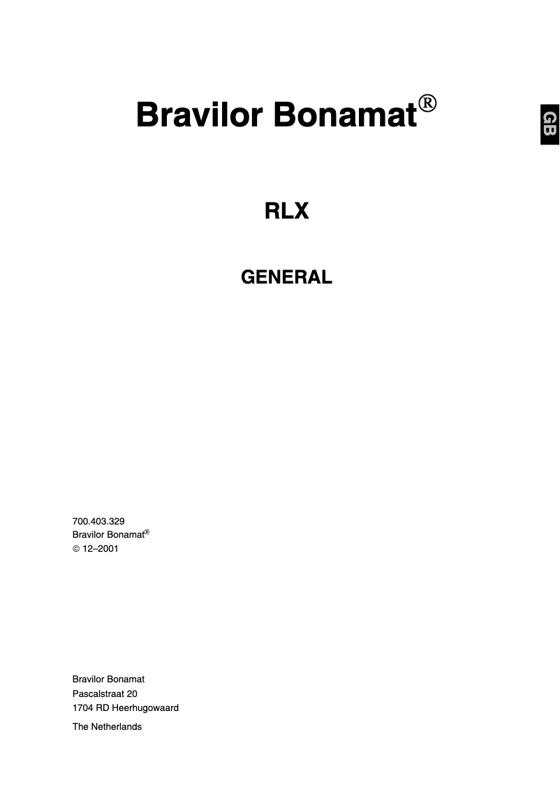 Page 1 of the manual User Manual Bravilor Bonamat RLX 31
