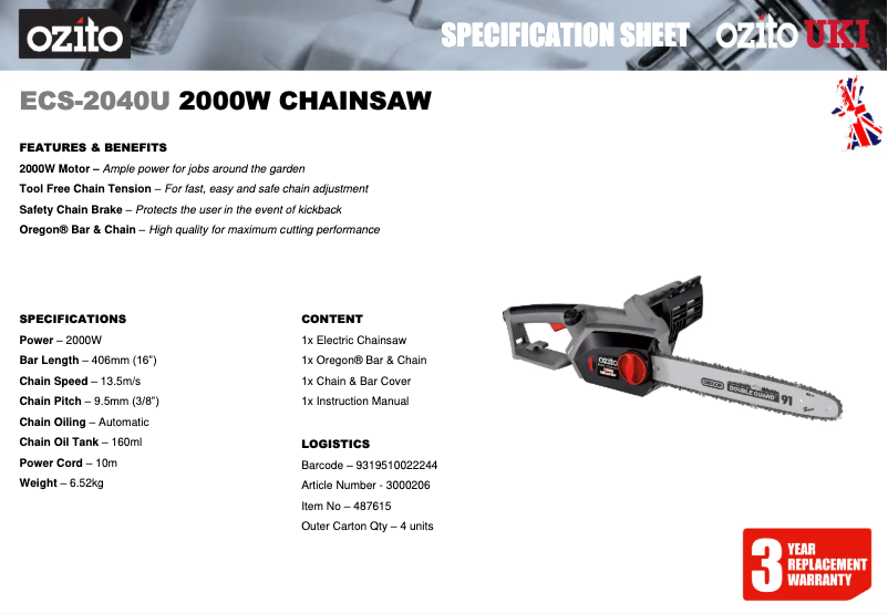 Page 1 of the manual Technical Sheet Ozito ECS-2040U