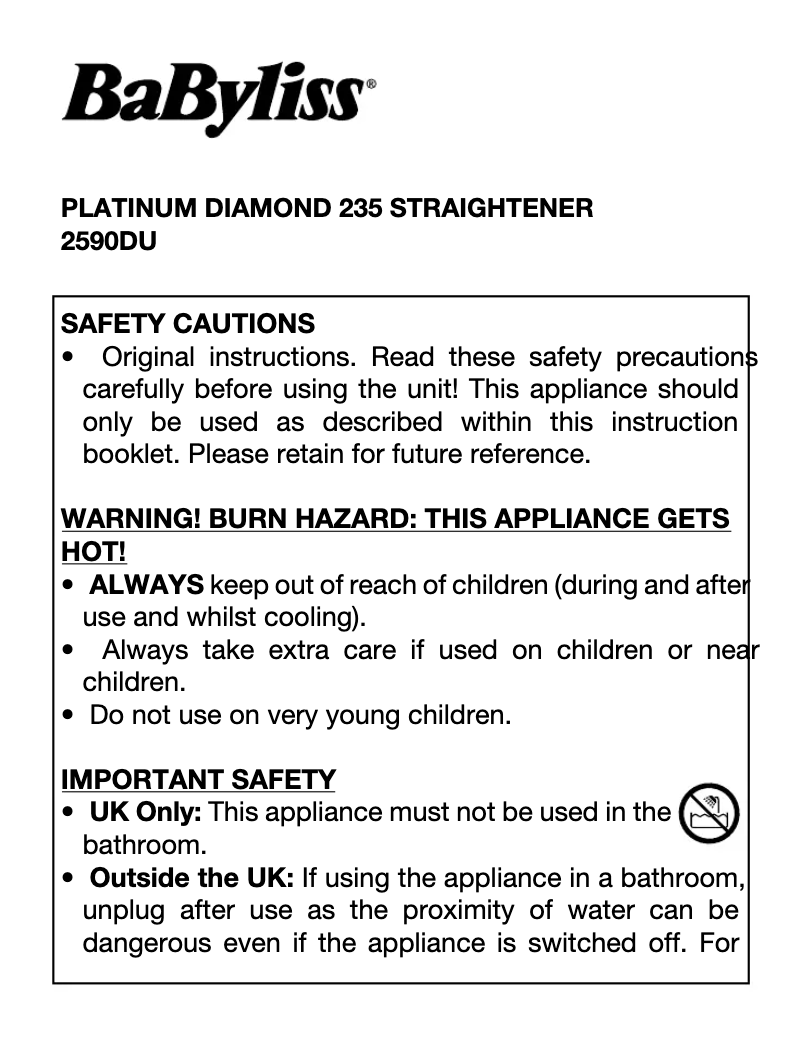 Page 1 of the manual User Manual BaByliss Platinum Diamond 235 2590DU