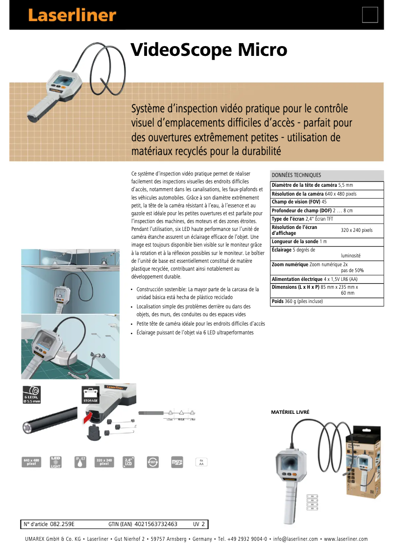 Page 1 of the manual Technical Sheet Laserliner VideoScope Micro