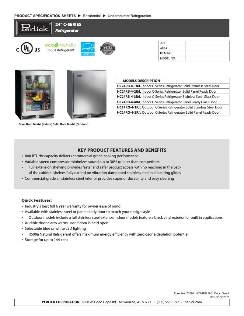 Page 1 of the manual Technical Sheet Perlick HC24RB-4-2R