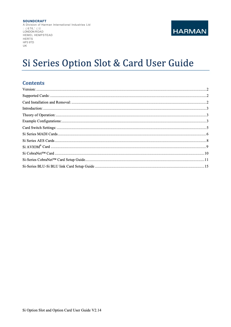 Page 1 of the manual User Manual Soundcraft Si Option Cards