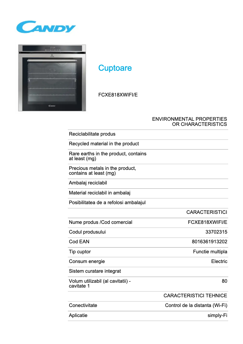 Page 1 of the manual Technical Sheet Candy FCXE818XWIFI/E