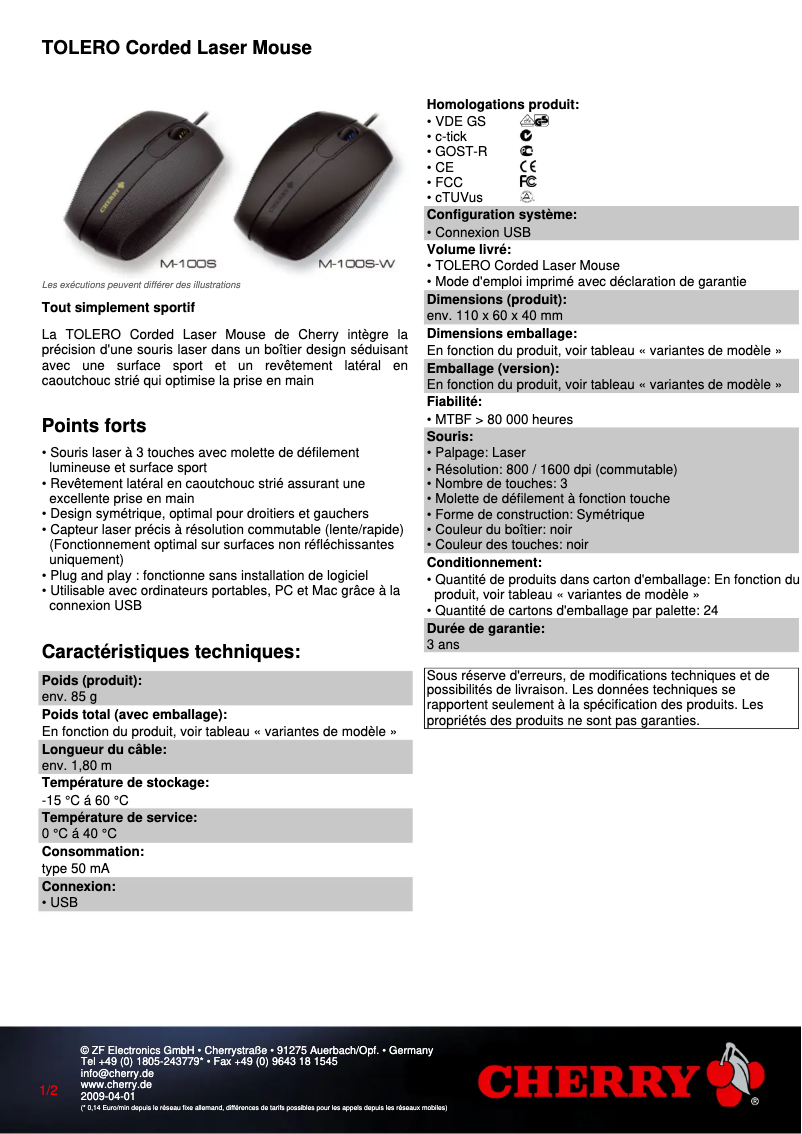 Page 1 of the manual Technical Sheet Cherry TOLERO