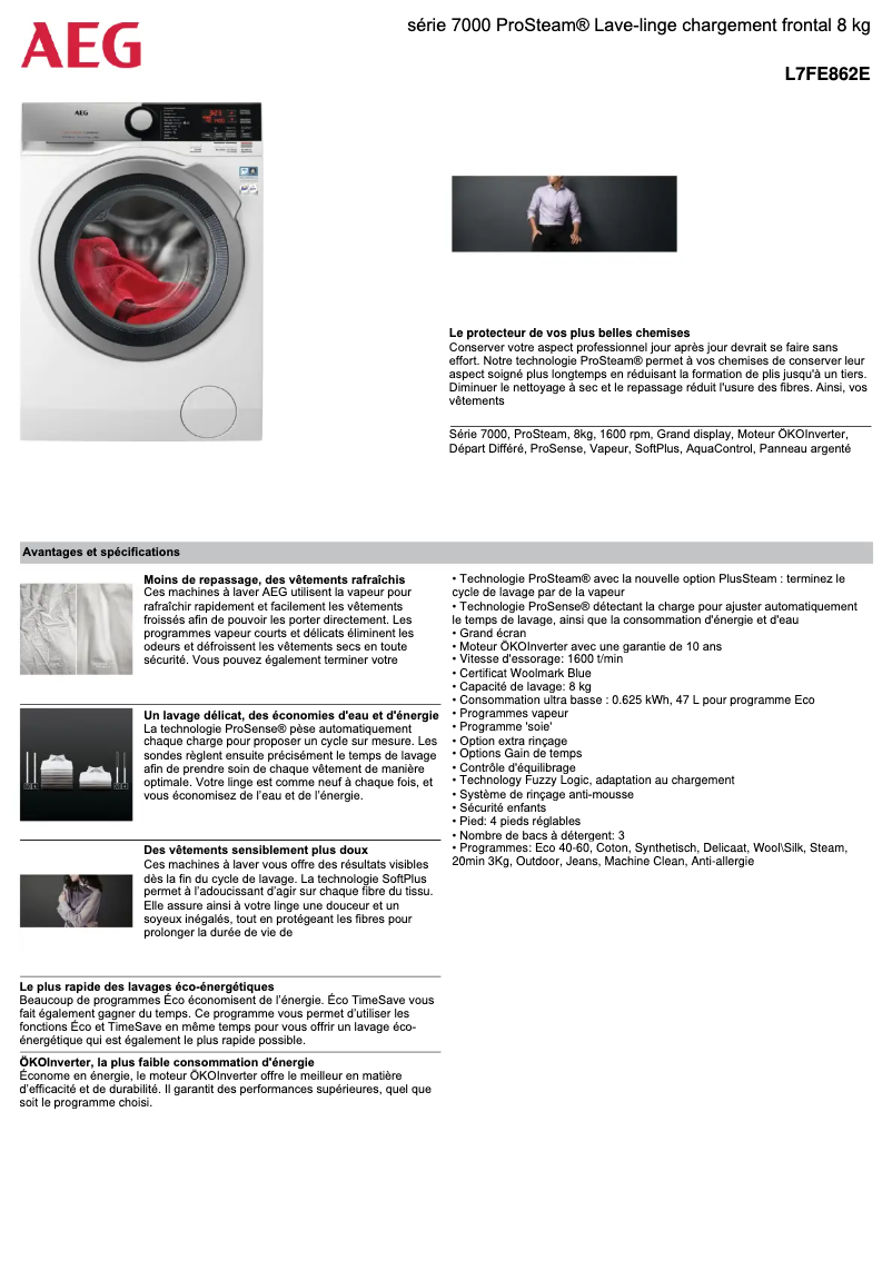 Page 1 of the manual Technical Sheet AEG L7FE862E