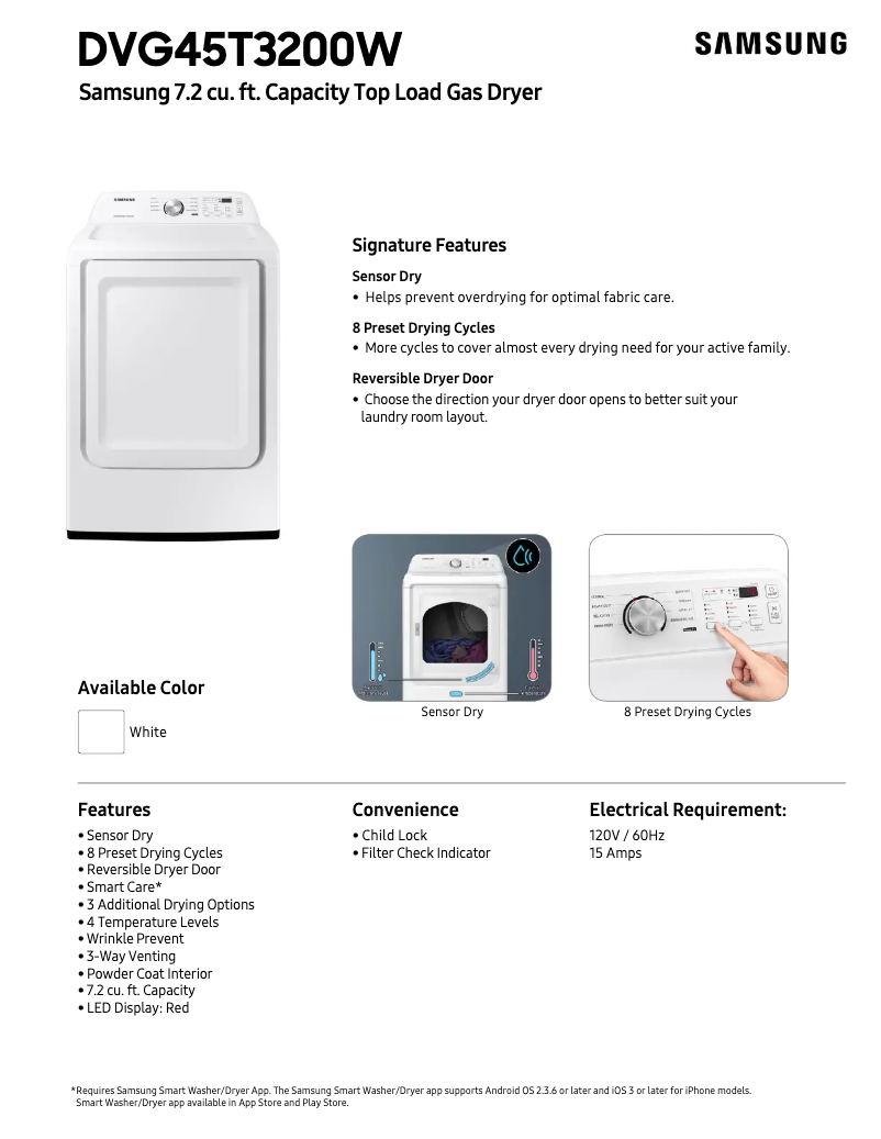 Page 1 of the manual Technical Sheet Samsung DVG45T3200W