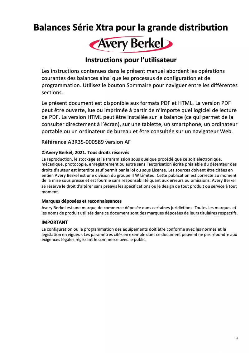 Page 1 of the manual User Manual Avery Berkel XTi300