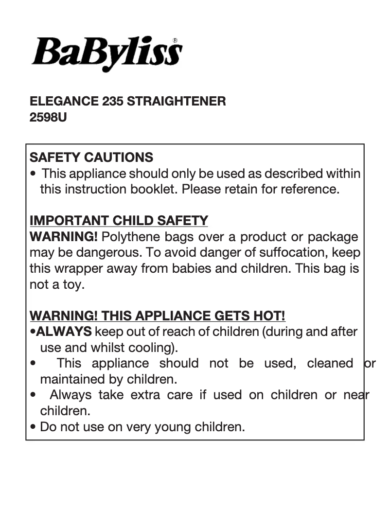 Page 1 of the manual User Manual BaByliss Elegance 235 2598U