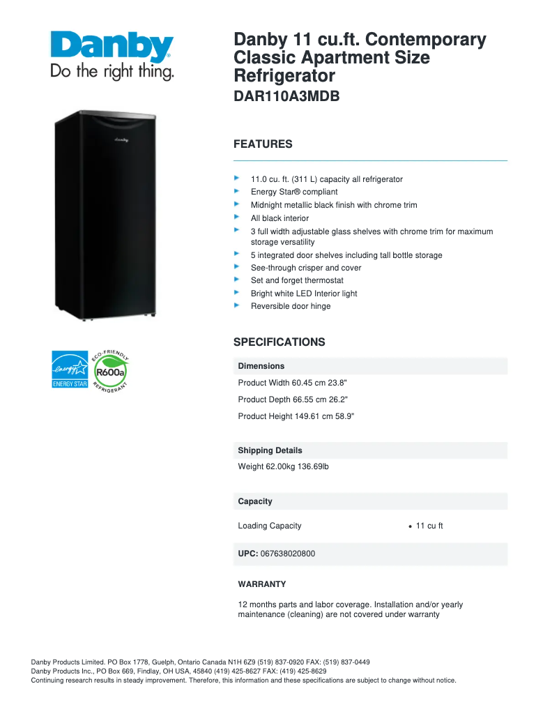 Page 1 of the manual Technical Sheet Danby Contemporary Classic DAR110A3MDB