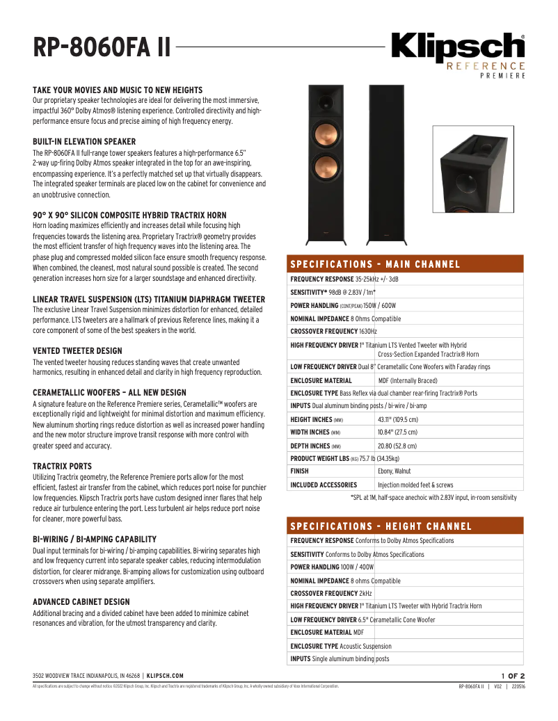 Page 1 of the manual Technical Sheet Klipsch Reference Premiere RP-8060FA II