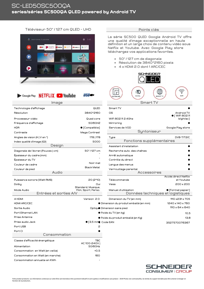 Page 1 of the manual Technical Sheet Schneider SC-LED50SC500QA