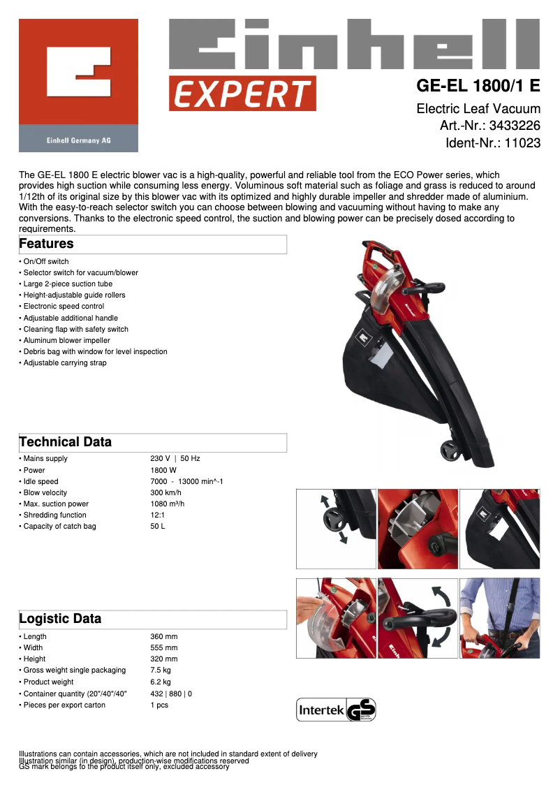 Page 1 of the manual Technical Sheet Einhell GE-EL 1800/1 E