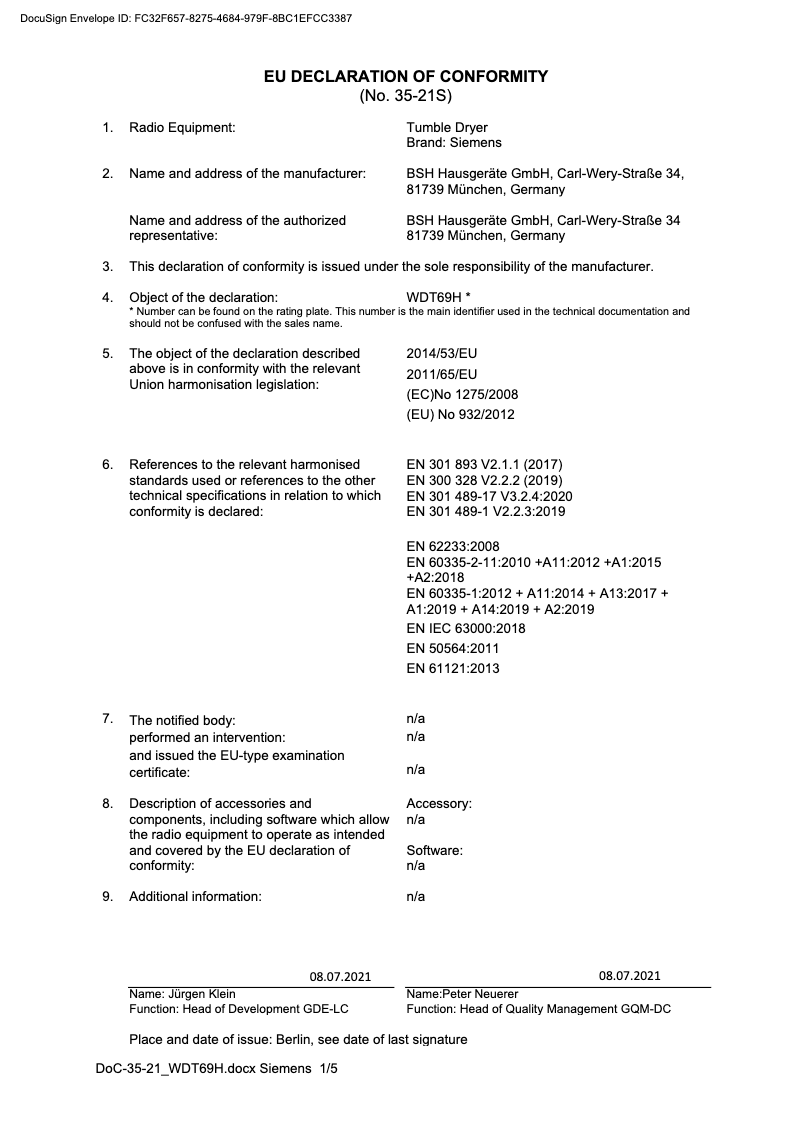 Page 1 of the manual User Manual Siemens WT8HXM01NL