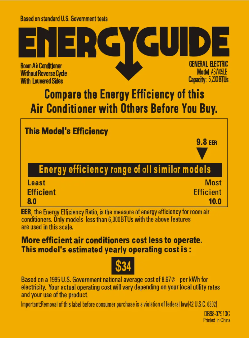 Page 1 of the manual Energy Label GE ASW05LB