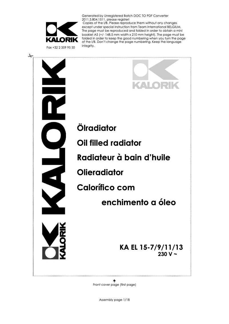 Page 1 of the manual User Manual Kalorik KA EL 15-11